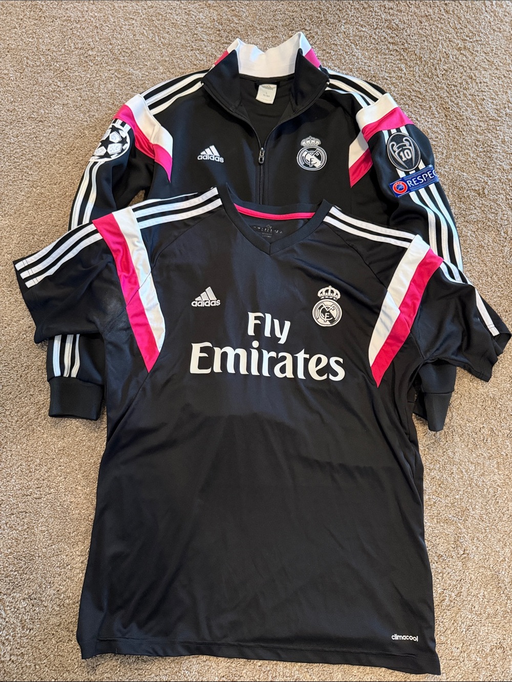 adidas Black men’s Real Madrid warm up and Track Jacket Set with Pink Accents